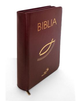 Biblia z kolorową wkładką - oprawa skóra naturalna bordowa na zamek