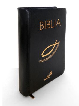 Biblia z kolorową wkładką - oprawa skóra naturalna granatowa na zamek